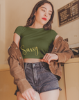 Sassy golden text mehndi green Crop Top