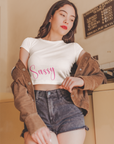 Sassy pink text white Crop Top