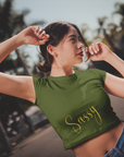 Sassy golden text mehndi green Crop Top