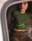 Sassy golden text mehndi green Crop Top