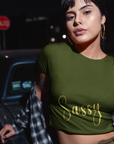 Sassy golden text mehndi green Crop Top