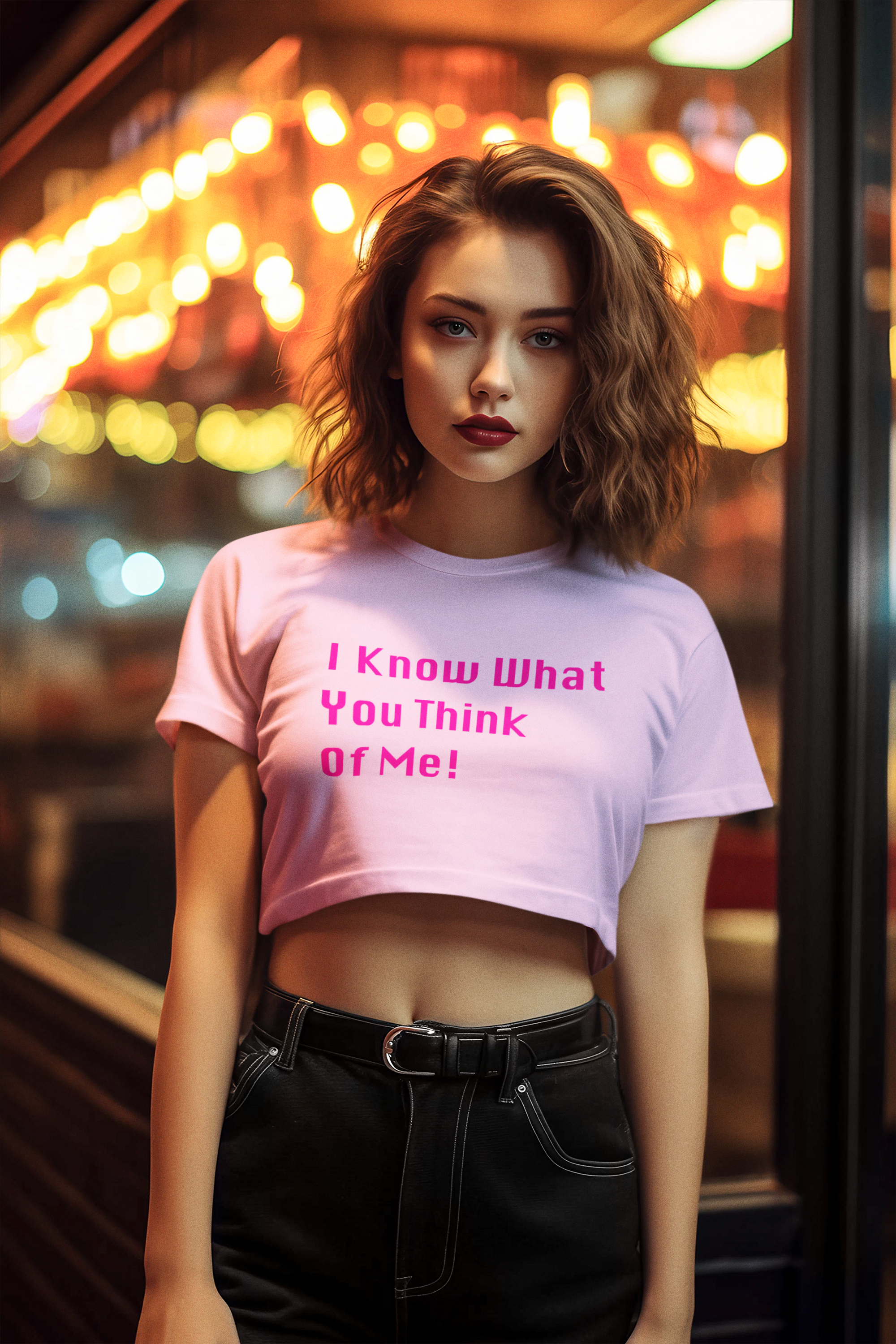 I Know What You Think Of Me Text Pink Crop Top