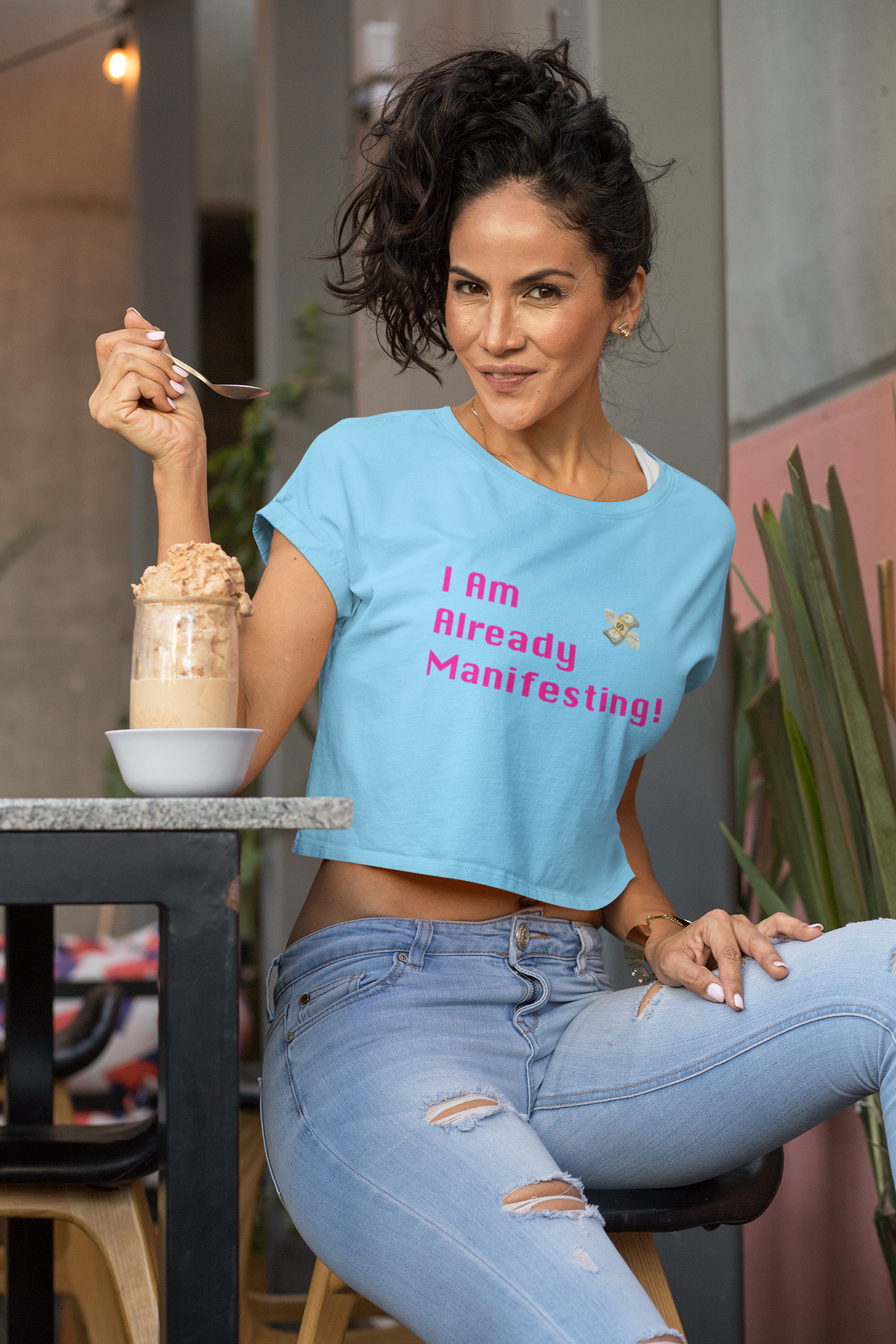 Already Manifesting Text Sky Blue Crop Top