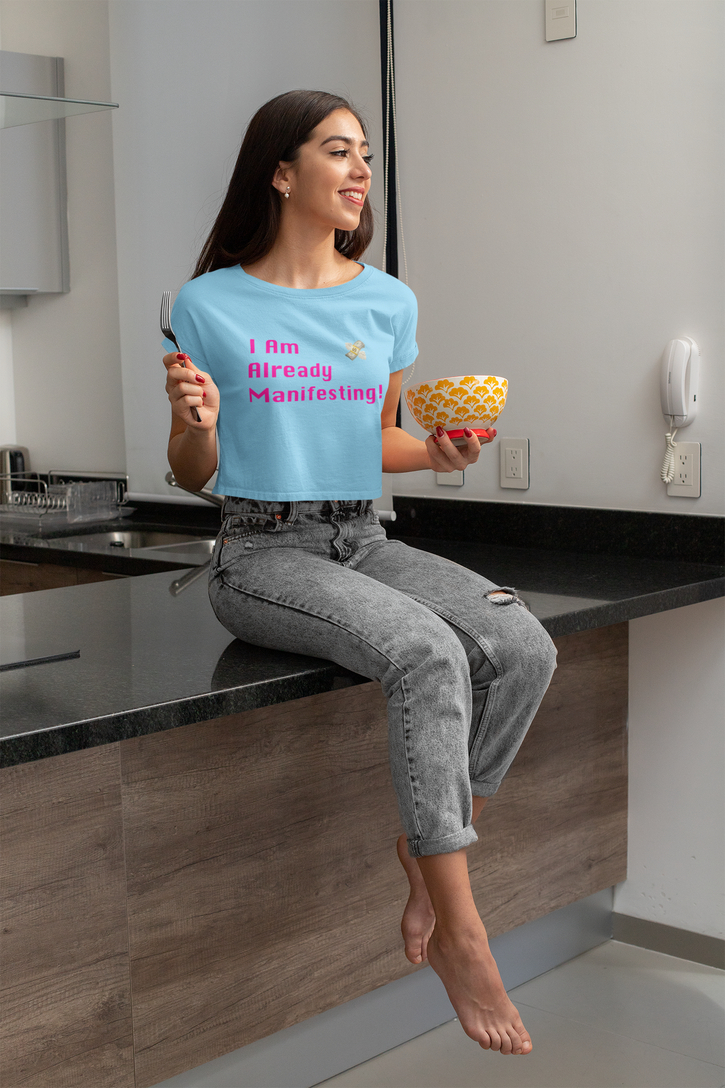 Already Manifesting Text Sky Blue Crop Top